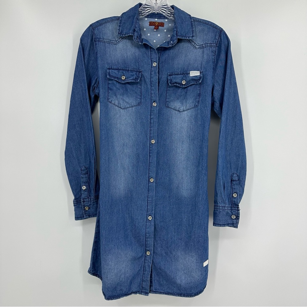 7 For All Mankind Shirt Dress Long Sleeve Chambray Denim Blue Size L Girl